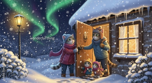 Charming Winter Wonderland with Cats Enjoying Family Time Under the Sparkling Arctic Night Sky