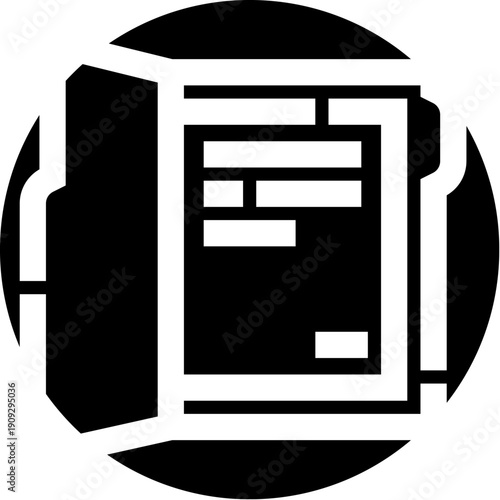 File folder with document icon inside a circular badge, symbolizing organized data storage, record keeping, archival management and secure information workflow for business and digital systems