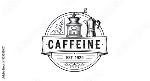 Vintage Caffeine Coffee Logo with Grinder and Moka Pot