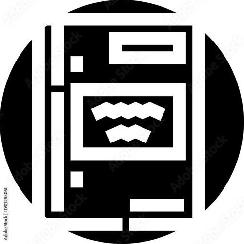 Textbook icon inside a black circular badge, minimalist flat graphic symbolizing education, study, research, documentation, library and academic learning for web and app ui