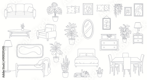 Interior Design Elements Line Art Collection: Furniture, Plants, Decor