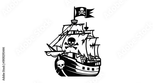 Pirate Ship with Jolly Roger Flag and Skull Symbol