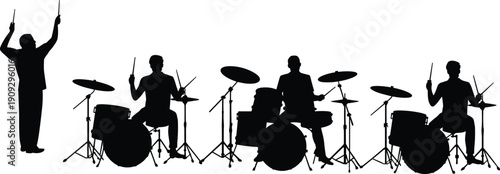 Drummers silhouettes illustration, percussion ensemble with drum kits, conductor directing musicians, rhythm performance icons, live music coordination concept