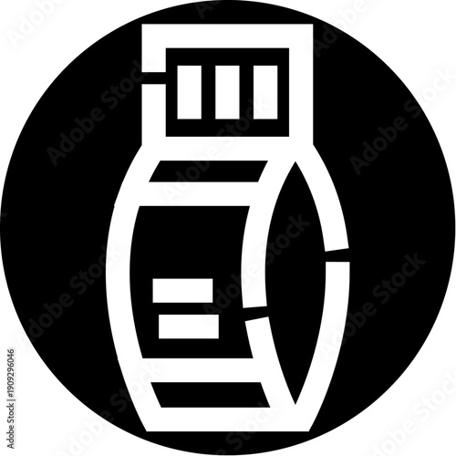 Smartwatch icon in a black circle, minimalist flat outline of a wearable device with a simple digital display indicating time and notifications for modern tech ui concepts