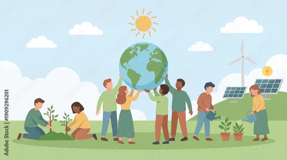 Fototapeta premium Earth Day and World Environment Day Poster Template with Volunteer Community Holding Globe, Tree Planting and Renewable Energy Flat Illustration