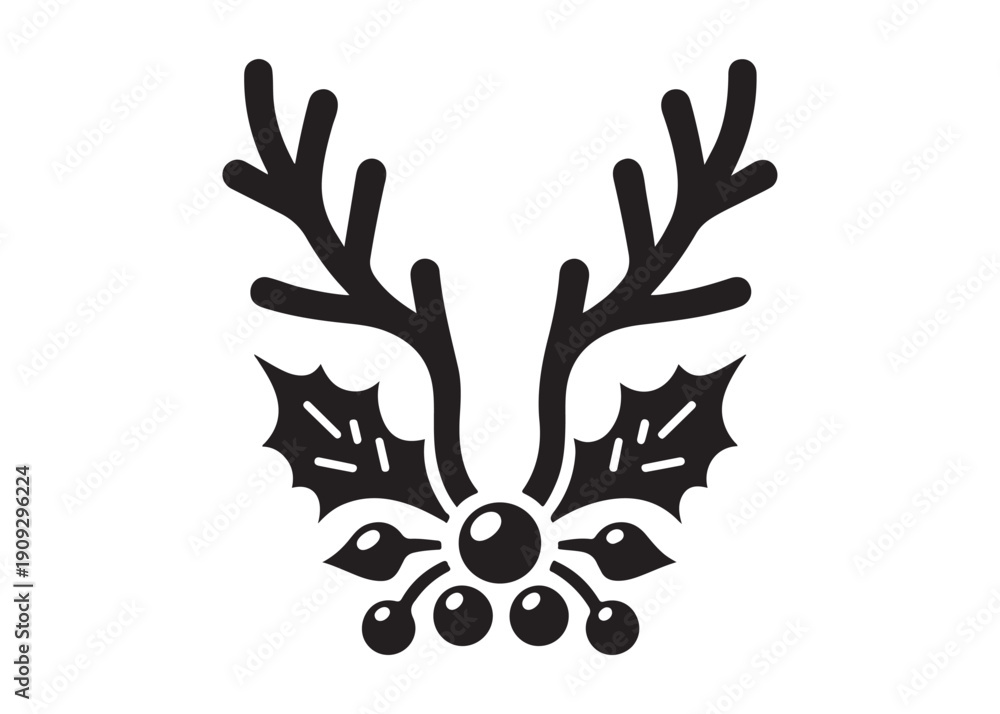 Obraz premium reindeer horn holly leaves logo silhouette, reindeer and holly leaves logo silhouette vector illustration, christmas deer horn with holly leaves logo vector silhouette on white background