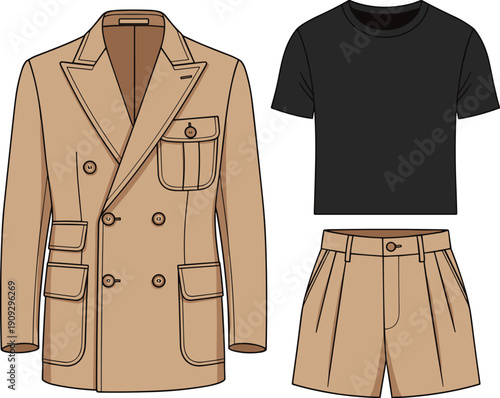 Stylish and Sophisticated Outfit:  A Modern Ensemble of Beige Blazer, Black T-Shirt, and Chic Shorts for Fashion-Forward Individuals and Style Guides