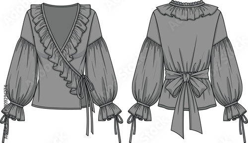 Fashion Illustration of a Women's Ruffled Wrap Blouse with Bishop Sleeves: A Design Template for Garment Mockups and Technical Drawings, Apparel Industry Resource
