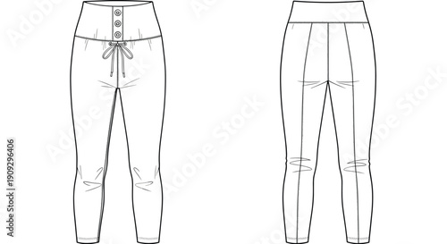 Technical Fashion Drawing of High-Waisted Leggings with Button Details for Fashion Design and Product Development, Offering Versatility for Designers and Manufacturers