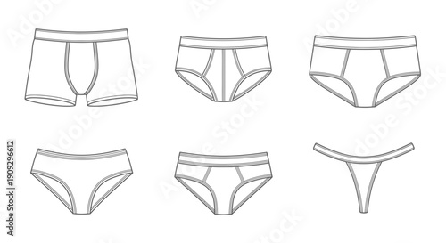 Collection of Underwear Styles: Boxer Briefs, Briefs, Hipsters, Thong, Bikini - Line Art