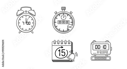 Collection of Timekeeping Icons: Alarm Clock, Stopwatch, Calendar, Digital Timer