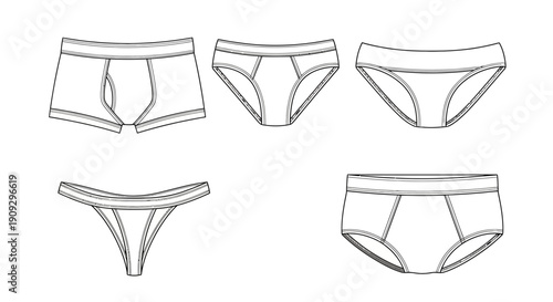 Collection of Underwear Styles: Boxer Briefs, Briefs, and Thong - Fashion Sketch