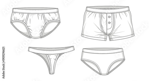Collection of Underwear Styles: Briefs, Boxer Briefs, Thong, and Bikini - Fashion Design