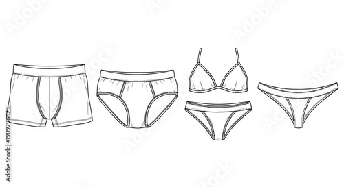 Collection of Underwear Styles: Boxer Briefs, Briefs, Bikini Set, and Thong
