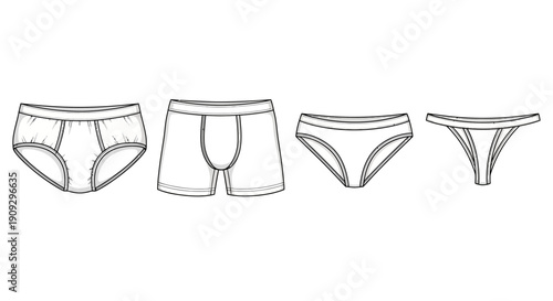 Collection of Underwear Types: Briefs, Boxer Briefs, Bikini, Thong - Line Art