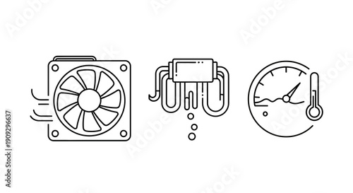 Computer Cooling System Icons: Fan, Radiator, Thermometer