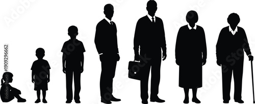 Human life stages silhouette illustration, childhood to old age evolution, male and female growth timeline vector
