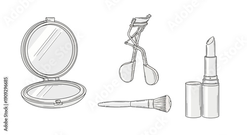 Cosmetics and Makeup Tools Set: Mirror, Eyelash Curler, Brush, Lipstick