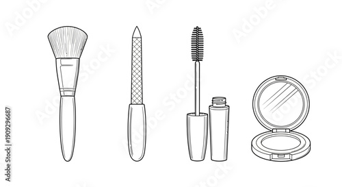 Cosmetic Tools Collection: Makeup Brush, Nail File, Mascara, Powder Compact
