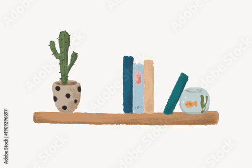 Cute bookshelf with cactus, home decor collage element vector