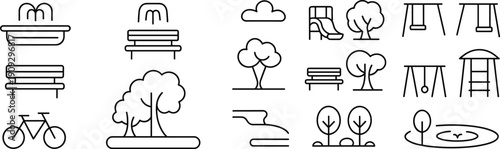 City Park and Playground Line Icons Set Featuring Fountain, Benches, Bicycle, Trees, Swings, Slides and Urban Nature Elements in Minimal Outline Style
