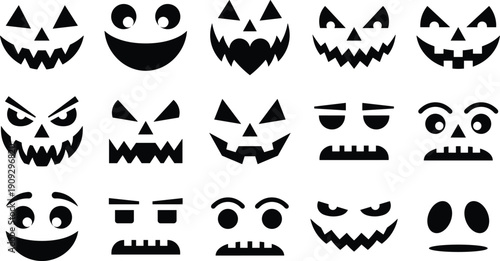 Black Silhouette Vector Set of Spooky Halloween Pumpkin Faces: Scary, Funny, Evil, and Cute Jack-o'-Lantern Carving Graphic Icons