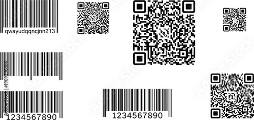 Collection of QR codes and barcodes in various sizes for digital scanning, product identification, inventory management, retail, and technology concepts