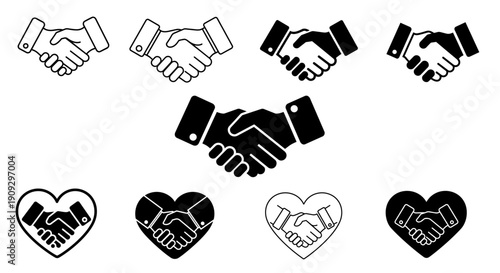 Handshake love icon set – partnership, trust and relationship vector icons