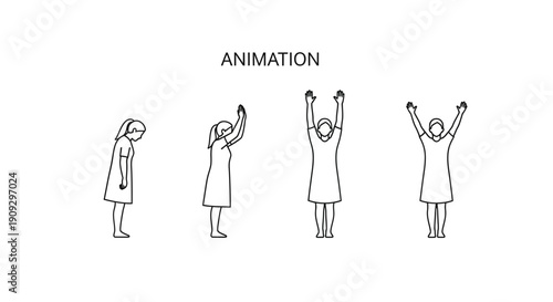 Animation sequence of a woman stretching arms up, showing movement and flexibility