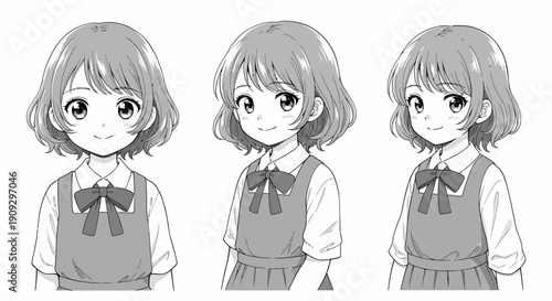 Anime Girl Portrait Set: Three Angles of a Young Schoolgirl with Bob Haircut
