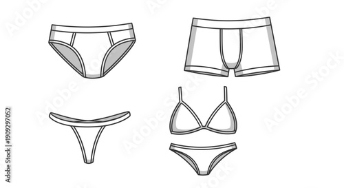 Assorted Underwear Set: Briefs, Boxer Briefs, Bra, Thong - Line Art Illustration