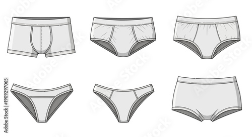 Assortment of Men's and Women's Underwear Styles, White Line Art Illustration