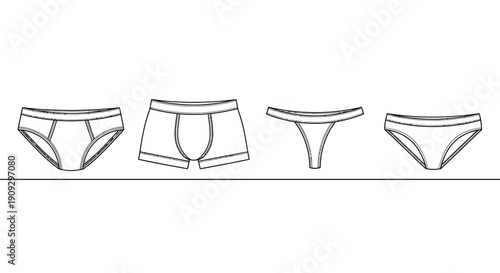 Assortment of Underwear Styles: Briefs, Boxer Briefs, Thong, Bikini Line Drawing