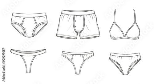 Assortment of Underwear and Lingerie Styles for Men and Women, Line Art