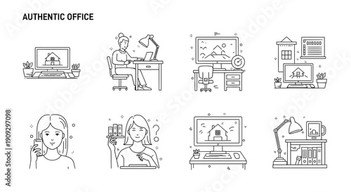Authentic Office: Diverse Workspace Illustrations for Remote Work and Business Concepts