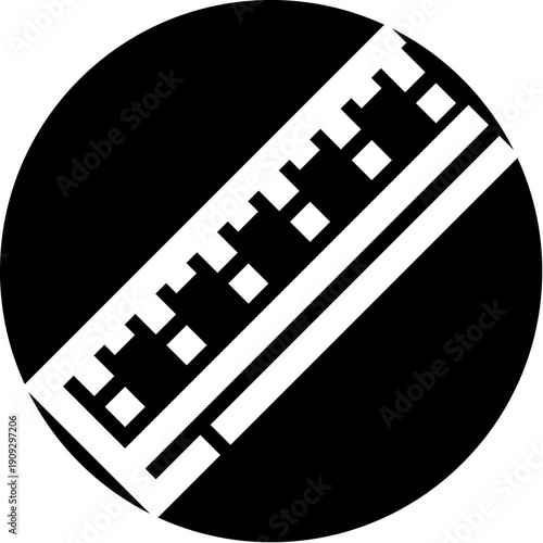 Ruler icon inside a dark circular badge, minimalist monochrome design representing measurement, precision, geometry, drafting, education, engineering and uiux applications