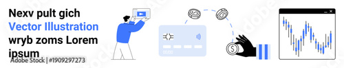 Man presenting media content, digital payment card, arrows indicating currency exchange, and fluctuating market graph. Ideal for fintech, investment, analytics, payments, media technology trends