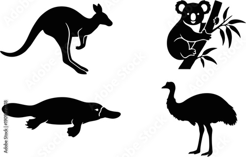 Australian wildlife animal silhouettes set with kangaroo koala platypus and emu solid black vector art isolated on white background