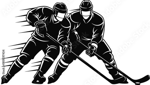 Two aggressive ice hockey players in full gear fiercely battling for puck control during a fast-paced moment of competition