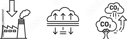 Simple line icons illustrating the carbon cycle depicting factory emissions atmospheric trapping and tree absorption of co2