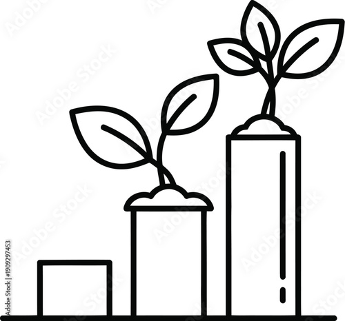 Outline icon depicting sequential growth stages represented by progressively taller bars with sprouting seedlings symbolizing environmental or business progress.