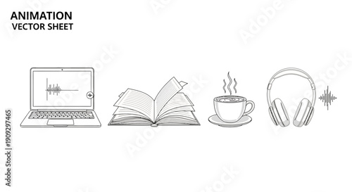 Vector Icons: Laptop, Open Book, Coffee Cup, Headphones - Animation Elements