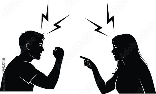 Silhouette couple arguing with lightning symbols representing conflict, anger, confrontation, emotional tension, relationship problems and communication breakdown concept