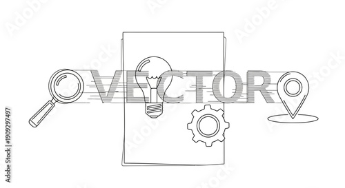 Vector illustration of business strategy elements: idea, search, process, location