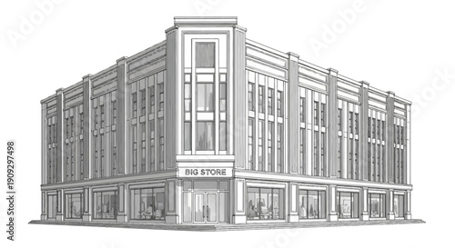 Vintage Big Store Building Facade, Architectural Drawing, Retro Commercial Architecture
