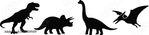 Collection of dinosaur silhouettes featuring T-rex Triceratops Brachiosaurus and Pterodactyl black flat vector icons on white background