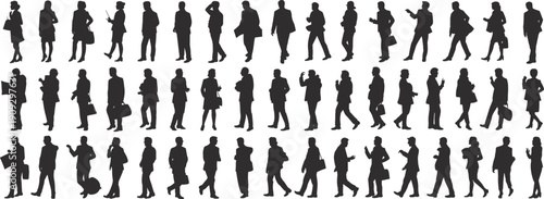 Flat vector silhouettes of diverse business and casual people standing walking gesturing with bags phones briefcases urban lifestyle posture collection