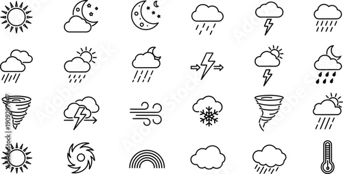Collection of thirty outline style weather forecast icons representing diverse meteorological conditions for application development.