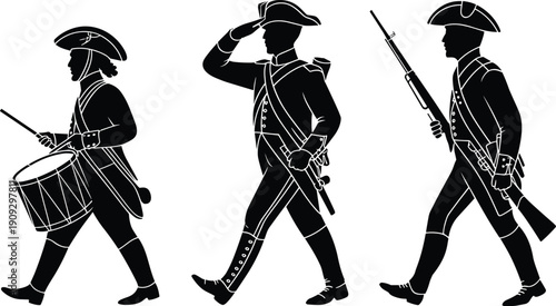 Historical military silhouettes illustration, Revolutionary War soldiers in tricorn hats, drummer, saluting officer, musket bearer, heritage artwork, commemorative concept