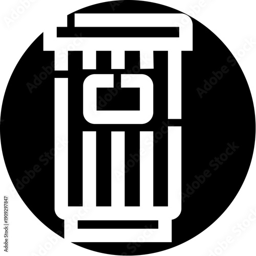 Trash can icon in a black circle illustrating waste management, junk removal, recycling, and environmental cleanliness, symbolizing proper disposal and urban hygiene